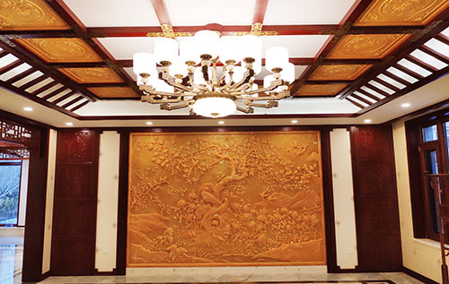 洛江中式别墅客厅中式木作横梁吊顶装饰展示