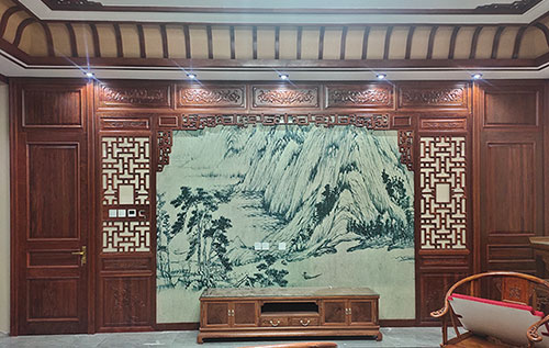 洛江中式仿古别墅客厅背景墙花格木作装饰